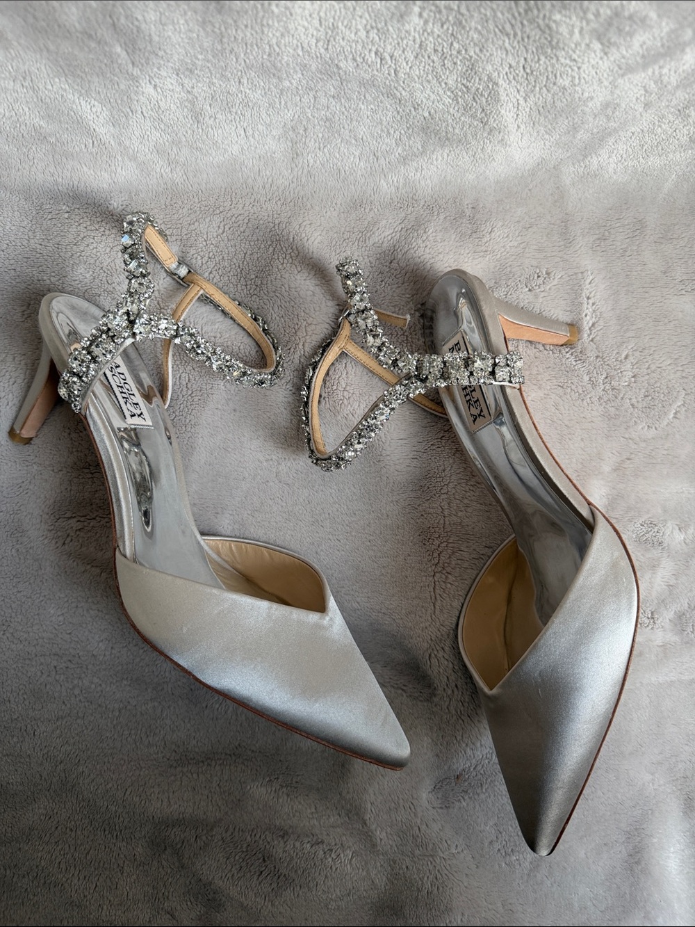 Badgley Mischka Silver Satin Rhinestone Ankle Strap Heels